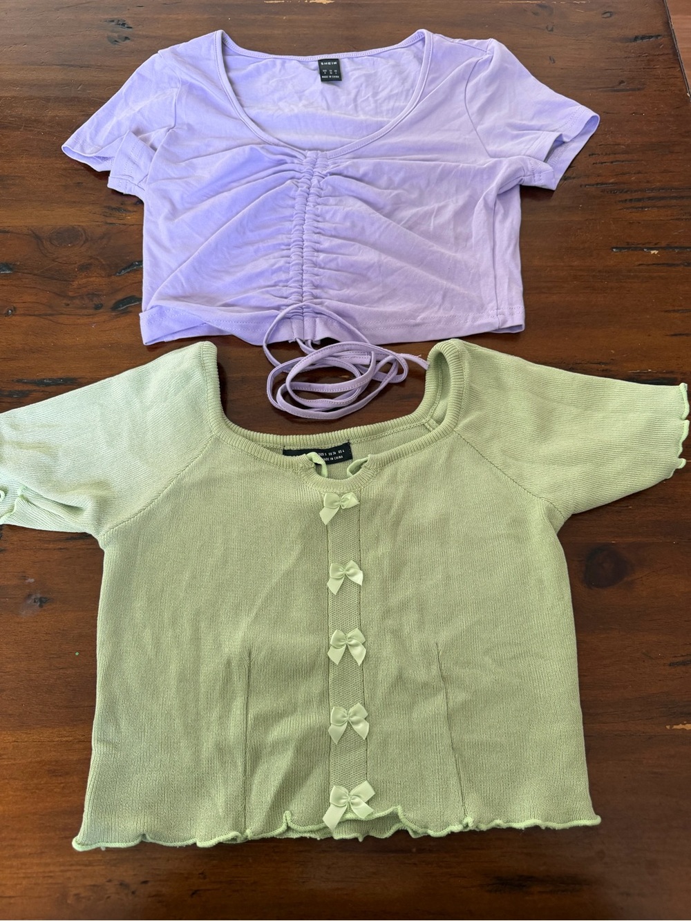 SHEIN Lilac Ruched Crop Top & Sage Green Bow Cardigan Set